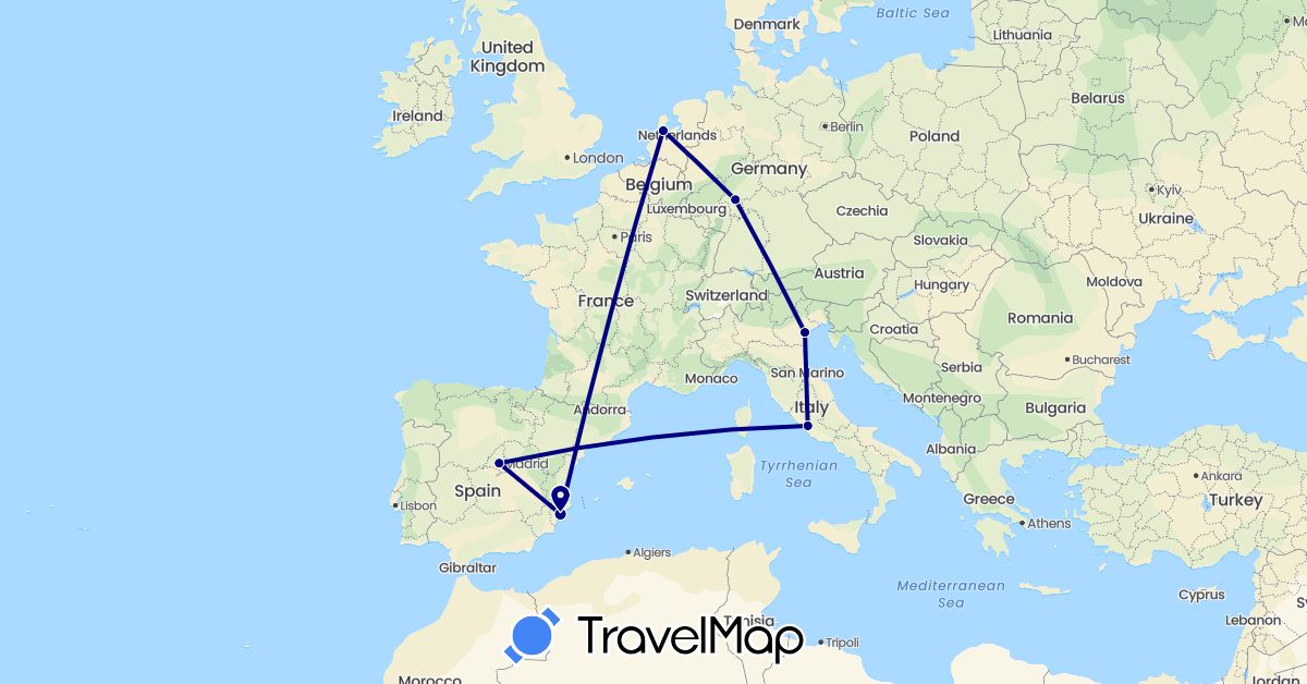 TravelMap itinerary: driving in Germany, Spain, Italy, Netherlands (Europe)